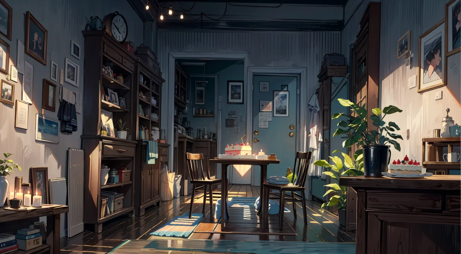 (best quality,masterpiece:1.2,detailed details,4k),A dim old apartment, a small birthday cake on an old wooden table, a modern apartment, an alarm clock on the wall, an anime scene,the wooden floor,