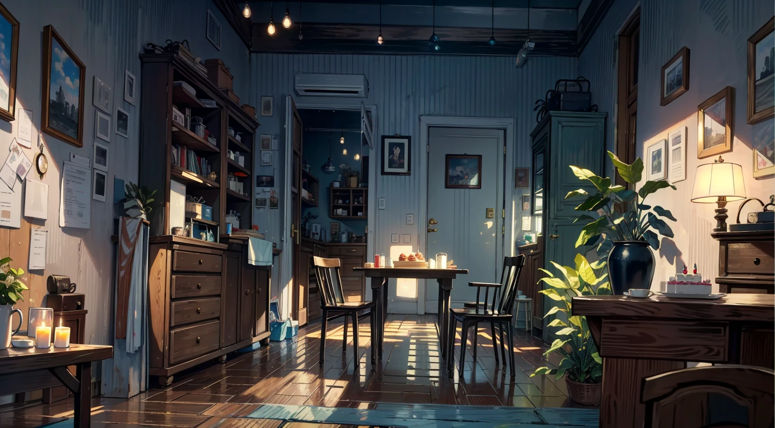 （best quality，masterpiece：1.2，detailed details，4k），A dim old apartment, a small birthday cake on an old wooden table, a modern apartment, an alarm clock on the wall, an anime scene,the wooden floor, 