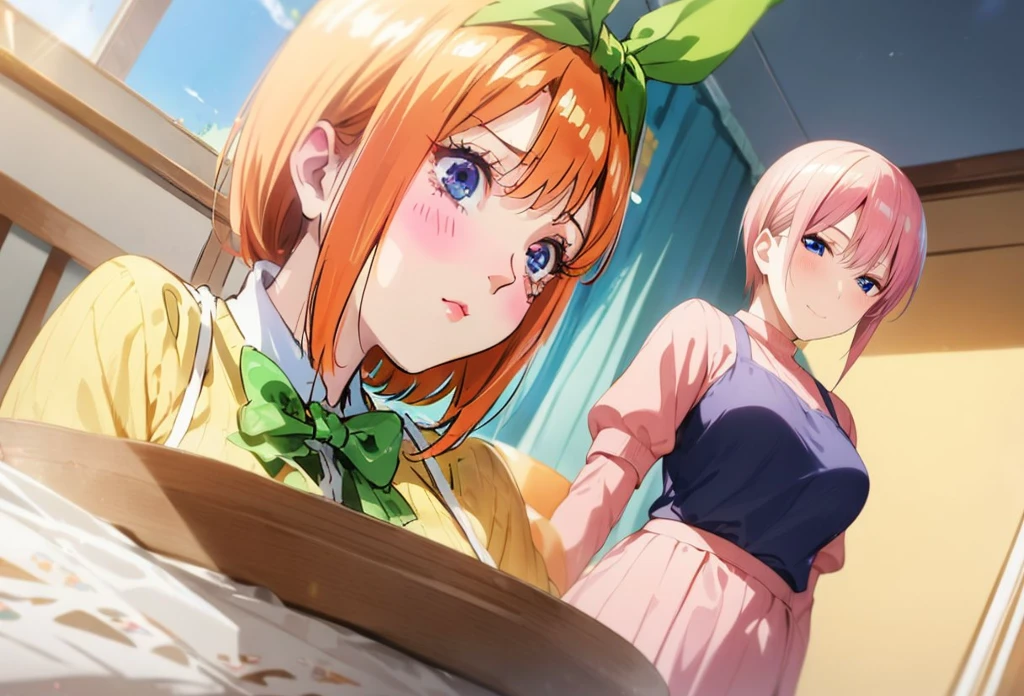  [Nakano yotsuba, nakano_yotsuba, aayotsuba, shoulder length orange hair, green ribbon] blushing, looking down, embarassed face, flustered, goofy awkward, extremely cute face, in love, dreamy eyes,  best quality)), extremely fine and beautiful, super fine illustration, top-quality、Official art、Beautifully Aesthetic:、vivid colours、colourful, HD Detail, Ultra Detail, soft Light, magical photography, intricate details, , sfw, , indigo eyes, masterpiece, 4k, ultradetailed,