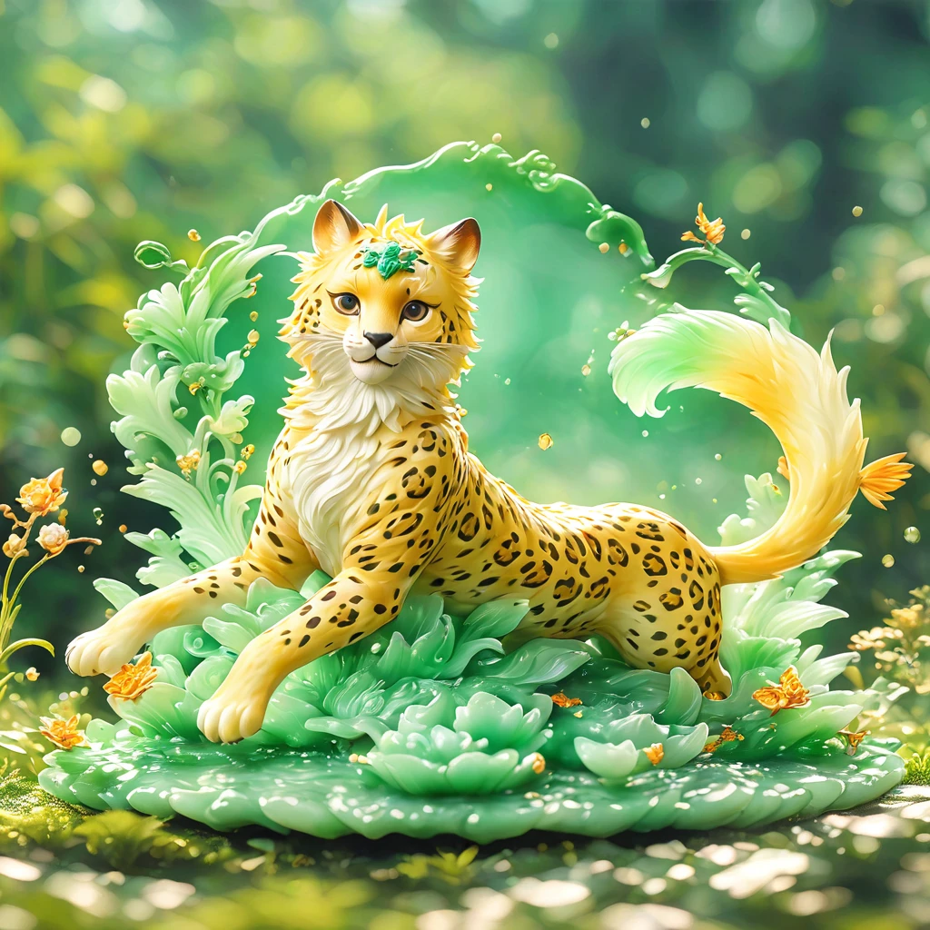 best quality, very good, 16K, ridiculous, Very detailed, charming(((Cheetah 1.3)))wing，Made of translucent jadeite, Background grassland（（A masterpiece full of fantasy elements）））， （（best quality））， （（Intricate details））（8K）
