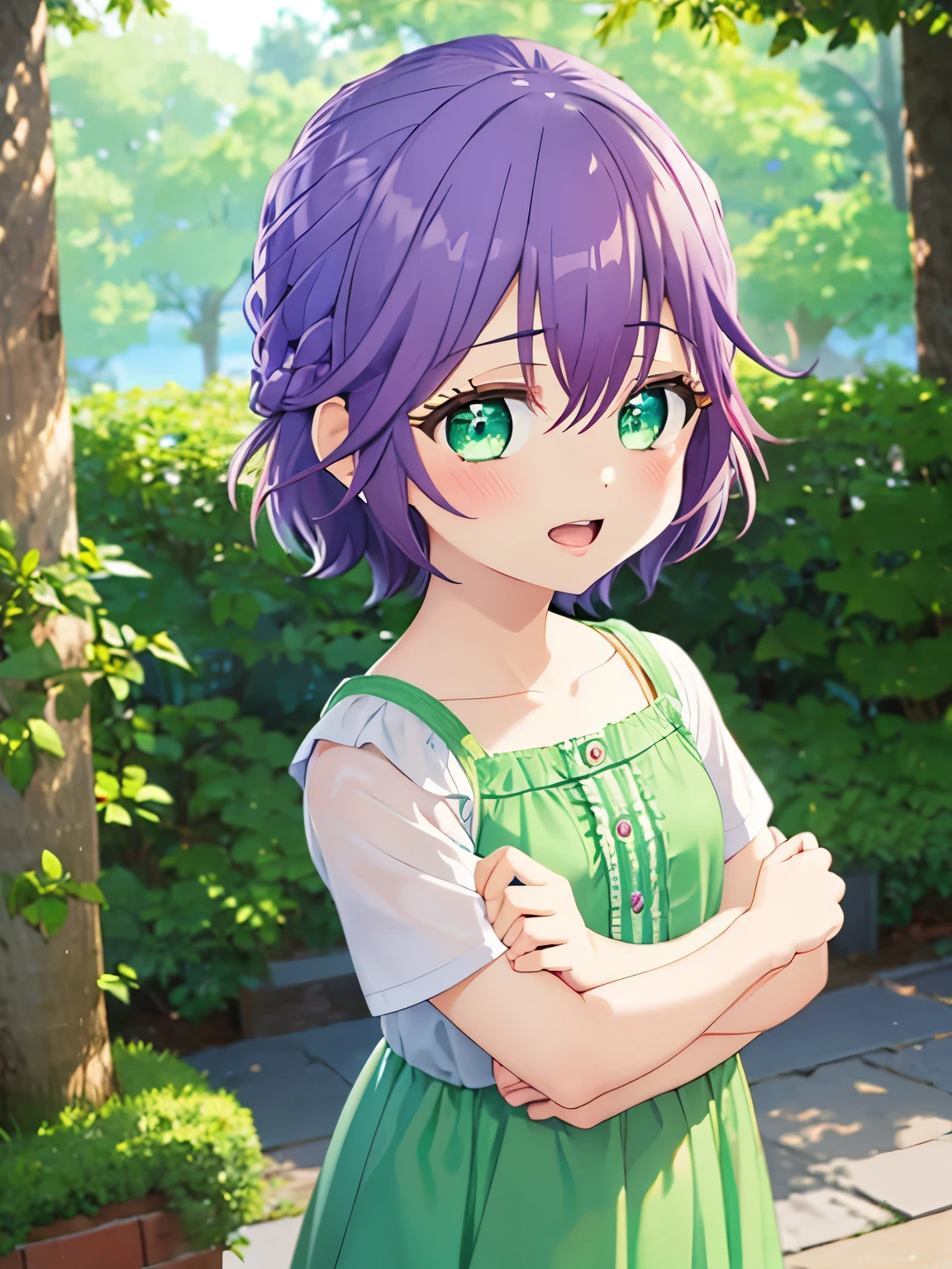 1  girl,5 yeare,hiro_segawa, purple hair, green eyes, short hair, bangs, hair between eyes, braid, upper body,Short green dress ,standing in the kingdom, Sit facing right, camera angle from the side, photo from the side, looking away 