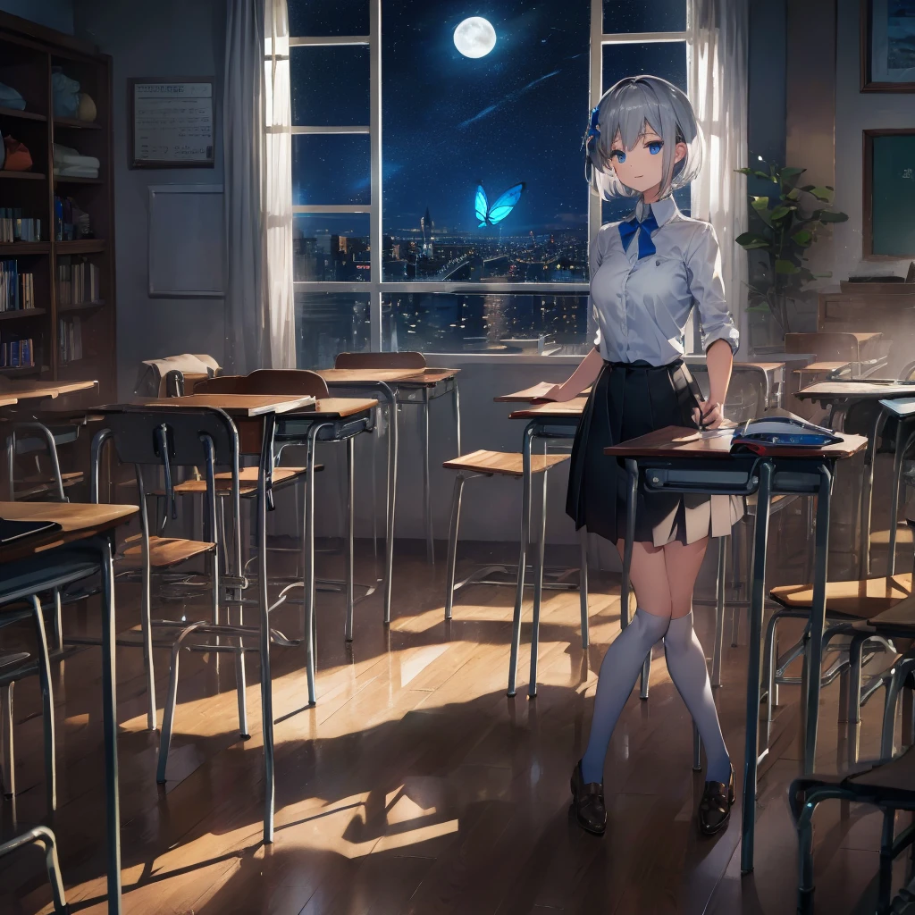 (((1 person　Gray Hair　Holding a pen　classroom　Chair　sit)))　((High resolution　short hair　tie　Black Skirt　Rin々Funny face　))　((student　blue eyes　Close-up))　((Blue Butterfly　night　学校のclassroom　Shining Aura　sit　Catch the wind　Looking at the moon outside))　(smile　Bathed in light)　月night　moonlight　star　Shuriken　Shining Background　Shining Edge