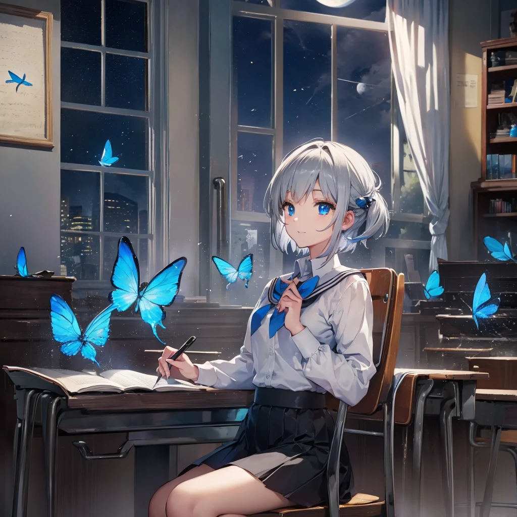 (((1 person　Gray Hair　Holding a pen　classroom　Chair　sit)))　((High resolution　short hair　tie　Black Skirt　Rin々Funny face　))　((student　blue eyes　Close-up))　((Blue Butterfly　night　学校のclassroom　Shining Aura　sit　Catch the wind　Looking at the moon outside))　(smile　Bathed in light)　月night　moonlight　star　Shuriken　Shining Background　Shining Edge