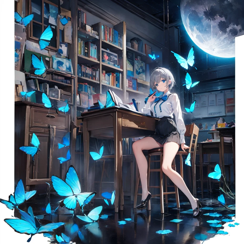 (((1 person　Gray Hair　Holding a pen　classroom　Chair　sit)))　((High resolution　short hair　tie　Black Skirt　Rin々Funny face　))　((student　blue eyes　Close-up))　((Blue Butterfly　night　学校のclassroom　Shining Aura　sit　Catch the wind　Looking at the moon outside))　(smile　Bathed in light)　月night　moonlight　star　Shuriken　Shining Background　Shining Edge