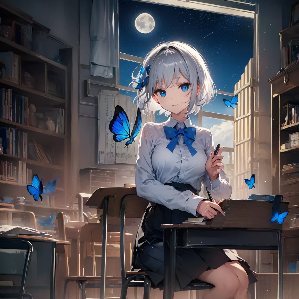 (((1 person Gray Hair Holding a pen classroom Chair sit))) ((High resolution short hair tie Black Skirt Rin々Funny face )) ((student blue eyes Close-up)) ((Blue Butterfly night 学校のclassroom Shining Aura sit Catch the wind Looking at the moon outside)) (smile Bathed in light) 月night moonlight star Shuriken Shining Background Shining Edge