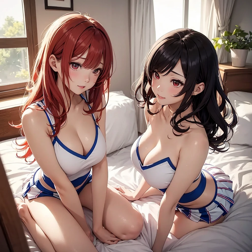 Two beautiful young women, Anime Style, Detailed face, Redhead, Red eyes, Delicate features, Soft lighting, wearing cheerleader costume, Sleeping in bed、Bedroom、 Person holding pom-poms, The other one is a dynamic pose., Japanese Anime Style, high quality, Very detailed, 8K resolution, Cinema Lighting, 最high quality, Vibrant colors, Instagrammable, beautiful, tendency、erotic、sexy、Half naked、Playing、Flirting、Sex、Masturbation