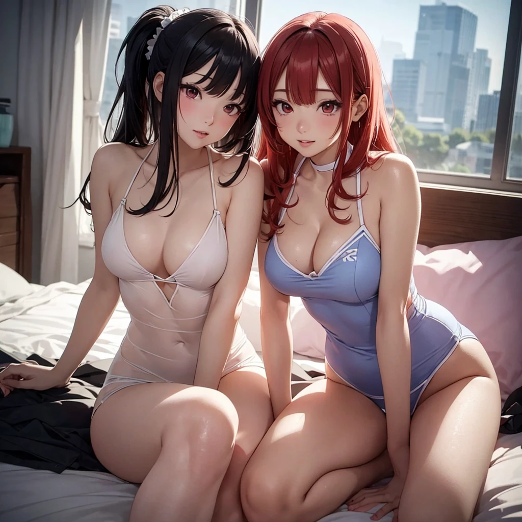 Two beautiful young women, Anime Style, Detailed face, Redhead, Red eyes, Delicate features, Soft lighting, wearing cheerleader costume, Sleeping in bed、Bedroom、 Person holding pom-poms, The other one is a dynamic pose., Japanese Anime Style, high quality, Very detailed, 8K resolution, Cinema Lighting, 最high quality, Vibrant colors, Instagrammable, beautiful, tendency、erotic、sexy、Half naked、Playing、Flirting、Sex、Masturbation