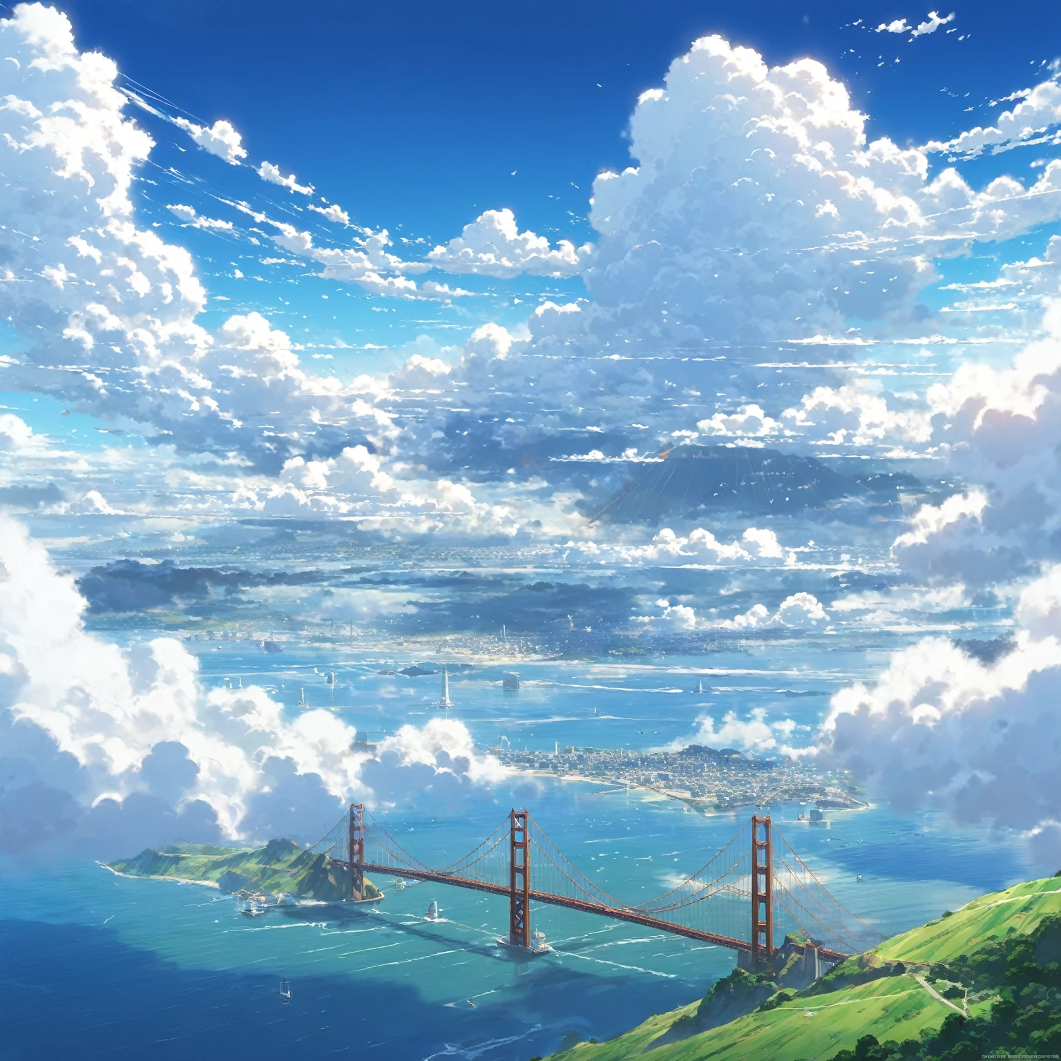 an instagram photo of clouds and the golden gate bridge in San Francisco, California, anime clouds, beautifull puffy clouds. anime, beautiful anime scenery, anime landscape, anime scenery, anime landscape wallpaper, anime sky, hyper realistic clouds, by makoto shinkai, by Makoto Shinkai, beautiful anime scene, beautiful anime artwork, in style of makoto shinkai, beautiful anime art, anime background art, ( ( makoto shinkai ) ), giant clouds, clean anime art, anime scenery concept art, ross tran. scenic background