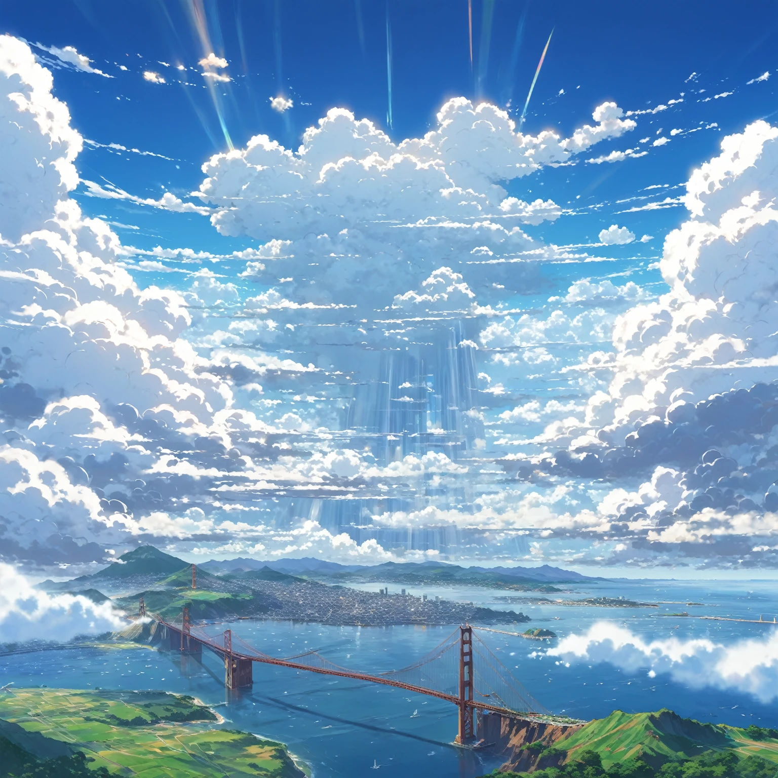an instagram photo of clouds and the golden gate bridge in San Francisco, California, anime clouds, beautifull puffy clouds. anime, beautiful anime scenery, anime landscape, anime scenery, anime landscape wallpaper, anime sky, hyper realistic clouds, by makoto shinkai, by Makoto Shinkai, beautiful anime scene, beautiful anime artwork, in style of makoto shinkai, beautiful anime art, anime background art, ( ( makoto shinkai ) ), giant clouds, clean anime art, anime scenery concept art, ross tran. scenic background

