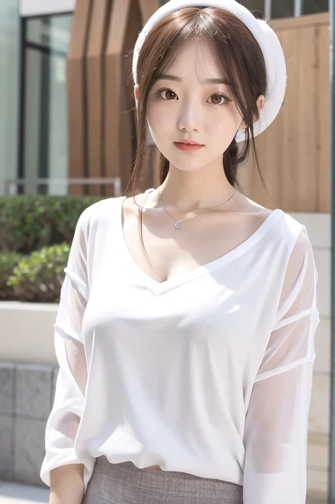 Close up portrait of woman in white shirt and gray skirt, Shirahime cut hairstyle, Smooth white tight clothing suit, White blouse, Wearing a white V-neck top, Wear a shirt, White fashionable clothes, White Hanfu, White, White blouseWear a shirt, Sailor suit with loose coat collar, Korean Girls, Quality white shirt, Young and pretty girl
