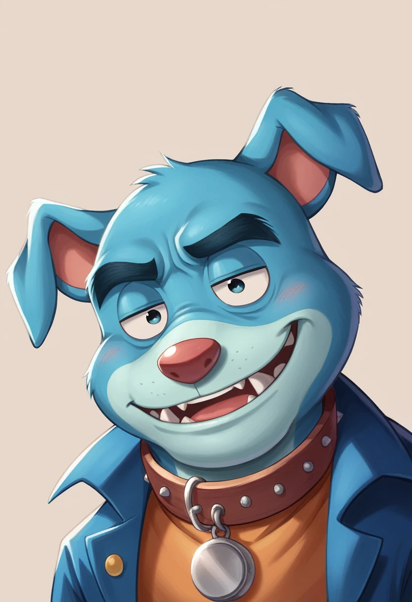 Blue Dog,Sleepy eyes,Spiny collar,2:2,Doraemon-like form,Bulldog,Ultra HD,4K,Delicate coat,Beautiful texture like Pixar,Disney-like characters,Dropped ears,Fangs protruding from the lower teeth,Blue Bulldog,whole body,2:2,もっとSleepy eyes,もっとDropped ears,More spikey collar,Red collar with silver spikes,More blue fur