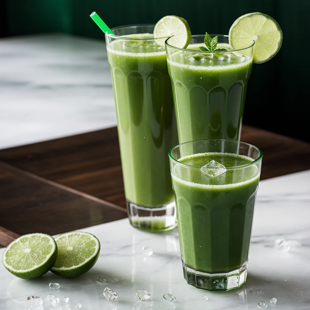 ((best quality)), ((masterpiece)), (detailed), Imagine a luxurious setting with a dark green backdrop that exudes sophistication. At the center is a glass filled with vibrant green juice, adorned with crystal-clear ice cubes that glisten under ambient lighting. The emerald liquid sparkles, promising a refreshing burst of organic vitality. A perfectly sliced lime sits gracefully on the rim, while a matching green straw complements the drink. Scattered ice around the glass adds to the refreshing appeal. The soft bokeh lights in the background enhance the upscale, mesmerizing atmosphere. This green juice is not just a drink; it’s an indulgent experience, offering a moment of refined refreshment in every sip