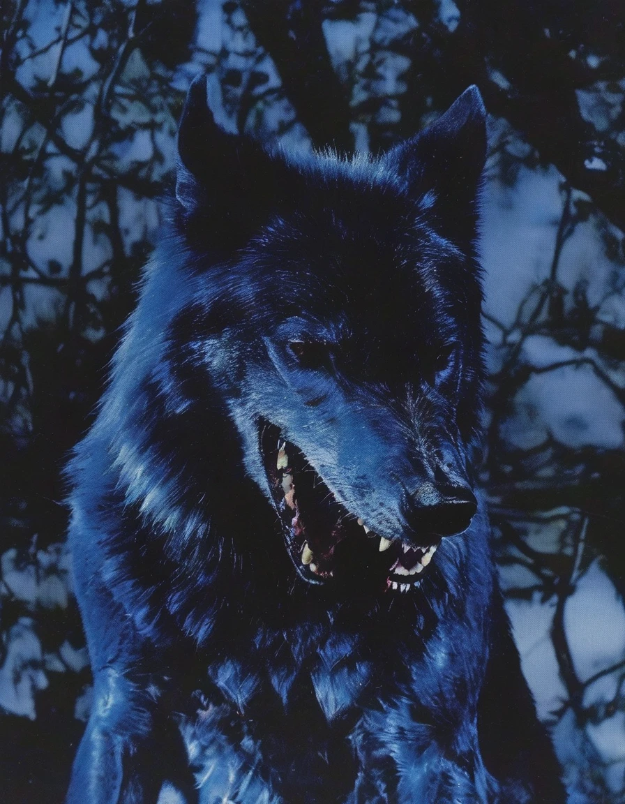 vhs style, vintage, fashion photography of horror, humanoid wolf fashion model in dark blue myst, blue night forest background