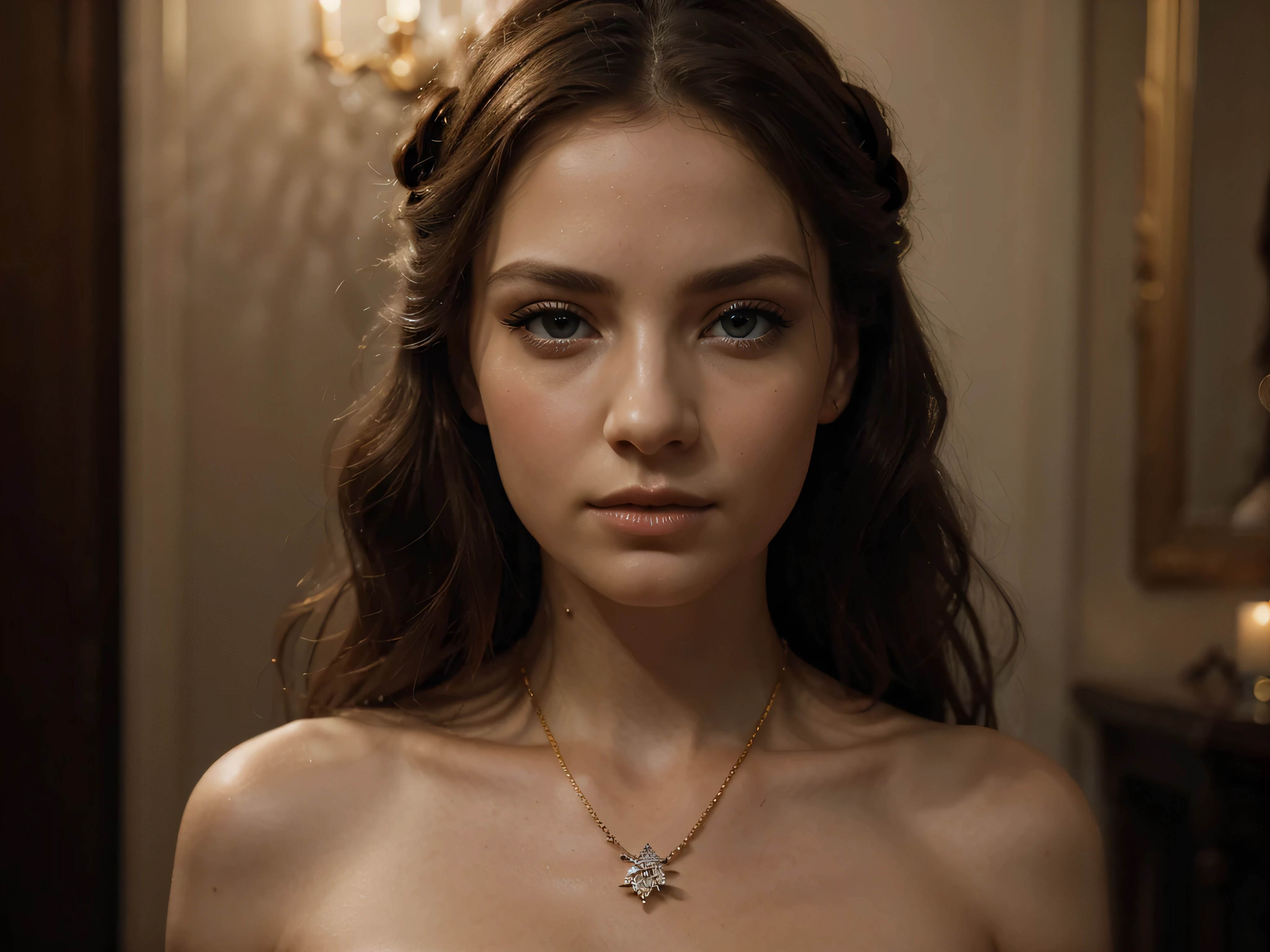 A chiaroscuro portrait of a woman, beautiful detailed eyes, beautiful detailed lips, extremely detailed eyes and face, long eyelashes, porcelain skin, elegant hairstyle, intricate jewelry, dramatic lighting, Renaissance style, dramatic shadows, warm golden tones, dramatic chiaroscuro lighting, ultra-detailed, 8k, photorealistic, masterpiece, cinematic, dramatic atmosphere, elegant and regal
