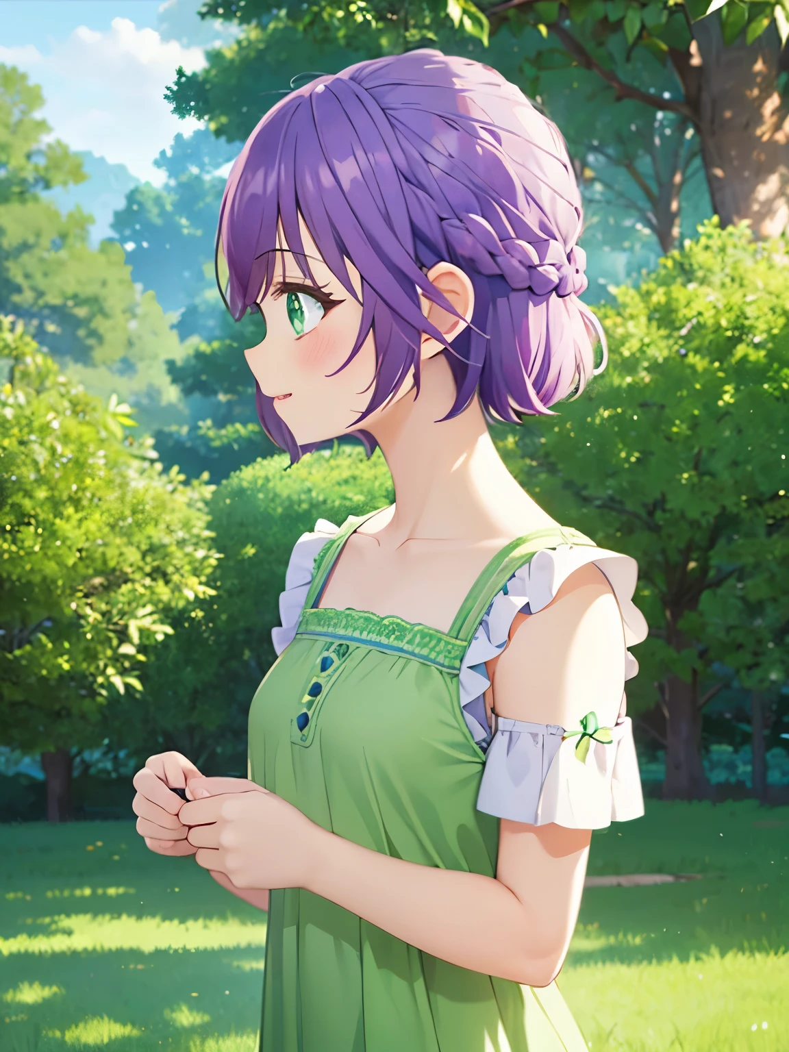 1  girl,5 yeare,hiro_segawa, purple hair, green eyes, short hair, bangs, hair between eyes, braid, upper body,Short green dress ,standing in the kingdom, Sit facing right, camera angle from the side, photo from the side, looking away, looking away