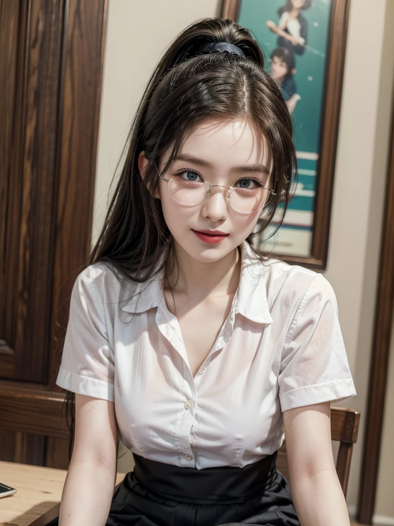 20 yo woman， brunette color hair， short ponytail hair， thin frame glasses， Thinking face， Beautiful girl standing，Thin leg，heels on the ground，‎Classroom，(Masterpiece:1.3), (8K, Photorealistic, RAW photo, Best quality: 1.4), (1girll), Beautiful face, (Realistic face), Black hair,Long hair, Nice hairstyle，photorealistic eye，Nice detail eyes，Realistic skin，Beautiful skins，超高分辨率，Ultra photo realsisim，The is very detailed，the golden ratio，adolable，Cute female teacher，Wearing a JK uniform，Surreal high school girl，short  skirt，leotard skirt，lacepantyhose，blackstockings，full body pov，Thin arms，cinematric light， realisticlying， tmasterpiece， Best quality at best， Complex CG，Highly detailed face，High detail eyes，