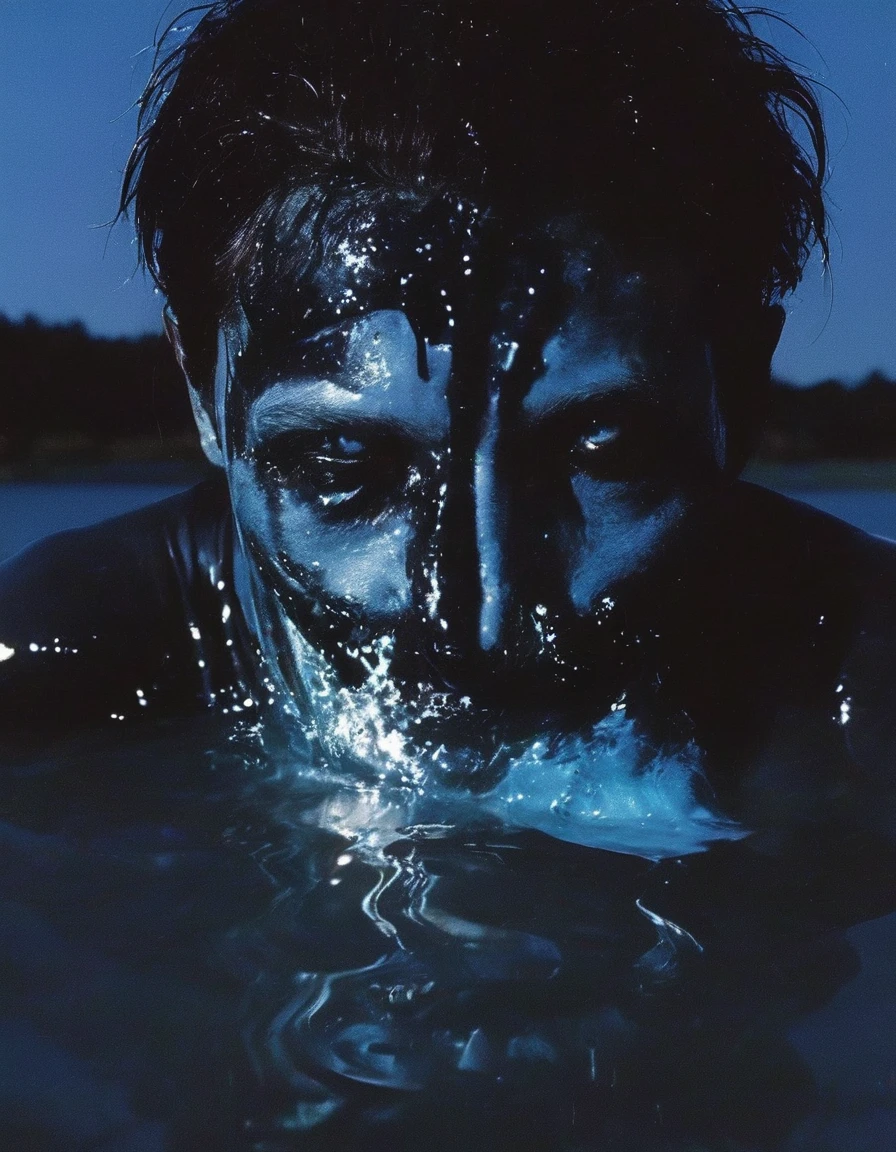 film photography, vintage, fashion photography of horror, close up photo of ugly horror with blue eyes in black water, blue night forest background