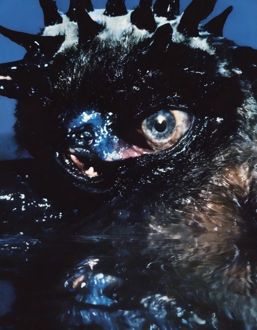 film photography, vintage, fashion photography of horror, close up photo of ugly horror with blue eyes in black water, blue night forest background