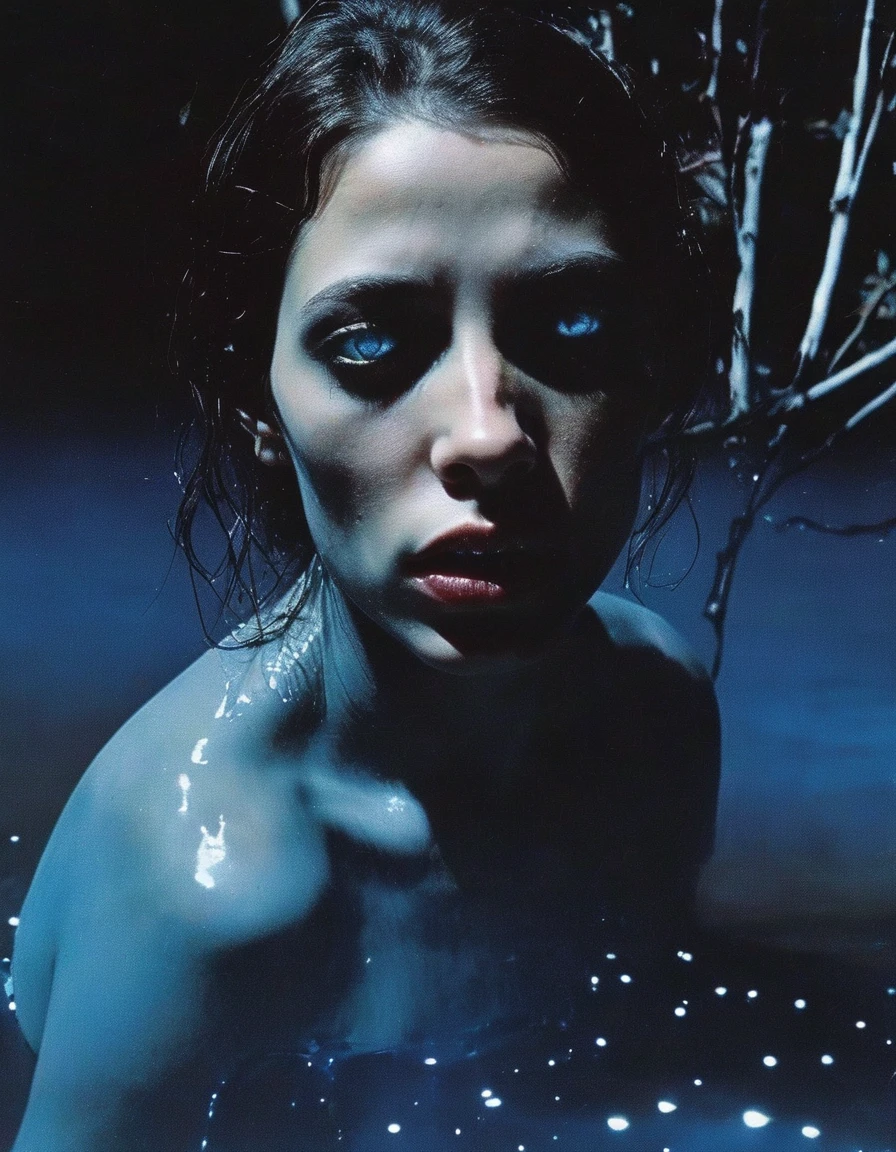 film photography, vintage, fashion photography of horror, close up photo of ugly horror with blue eyes in black water, blue night forest background