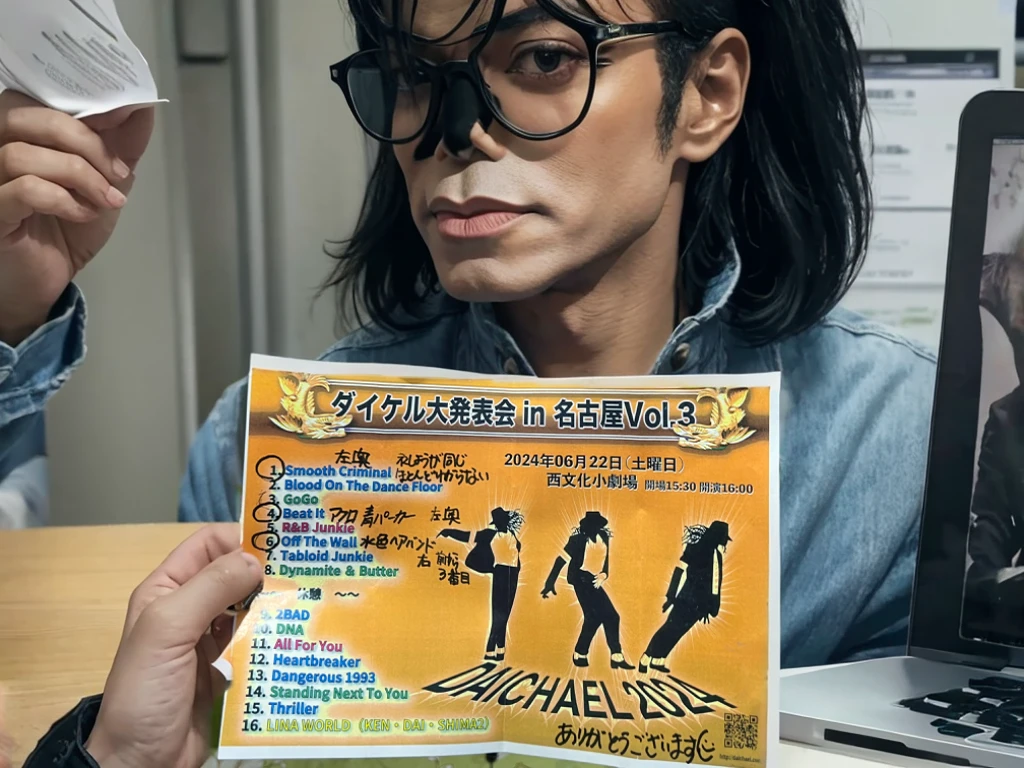 Michael Jackson is holding this paper and showing it to us.