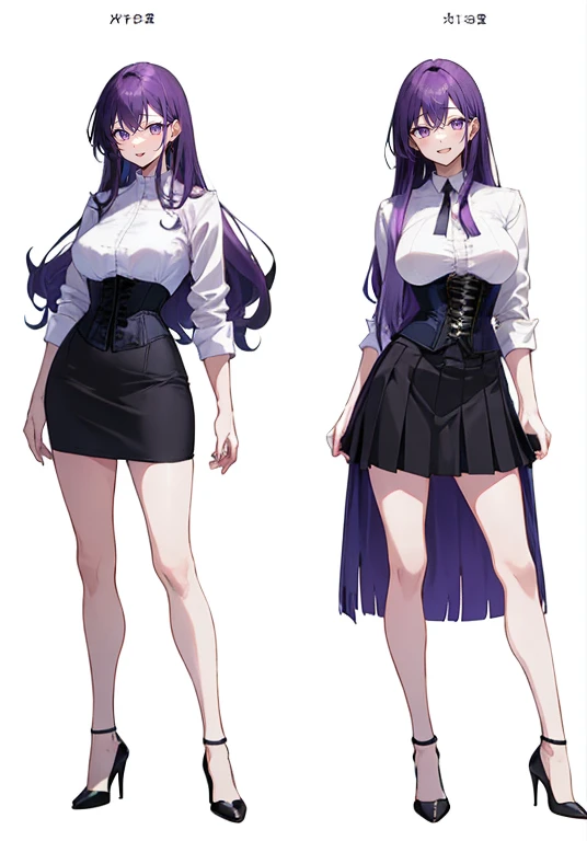 Purple hair,Long hair,Adult female,Bartender,((Body harness)),((Rolling up your sleeves shirt)),(Corset),(Tight skirt),Garter belt,High heels,((Simple background)),Smile,((Full body)),((whole body)),Character Sheet,