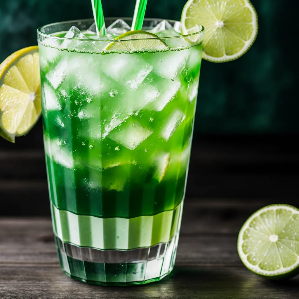 ((best quality)), ((masterpiece)), (detailed), a close up of a glass of green liquid with ice and lime slices, mixing drinks, absinthe, green magic, made of drink, deep green, beautiful green liquid, 🍸🍋, drinking cocktail, green crystal, green and blue tones, on a dark background, with a drink, sparkling dew, green glows, green water, cold drinks