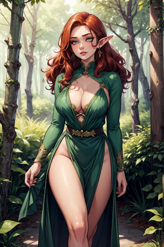 1girl, elf, earrings, forest, flowers, natural lighting, masterpiece, highly detailed, illustration, game CG, absurdres, high quality, medium breasts, redhead, long curly hair, freckles, glossy lips,walking ina forest, cleavage, erotic fantasy, Boris Vallejo, dress made from leaves, skimpy, sultry look, seductive
