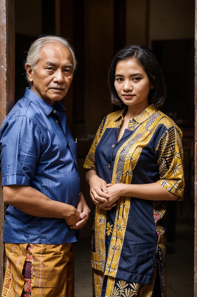 a beautiful Indonesian woman wearing a dress,and an old Indonesian man with black hair, slightly bald ,slightly thin body,wearing batik clothes,black shoes,being outdoors with a dark abstract studio photo concept in the style of the 70s,ultrahd,8k,realistic