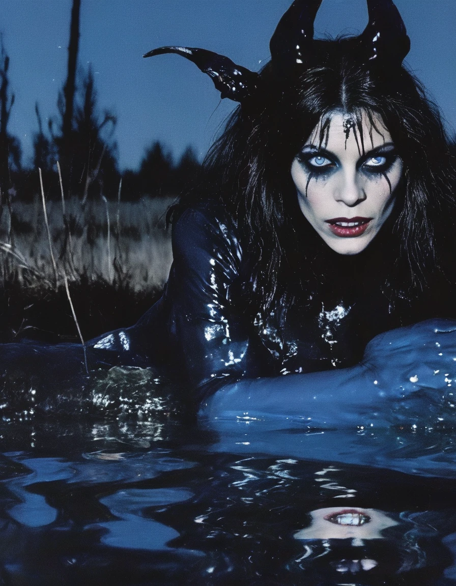 film photography, vintage, fashion photography of horror, macro photo blue eyes of ugly horror witch  in black water, blue night forest background