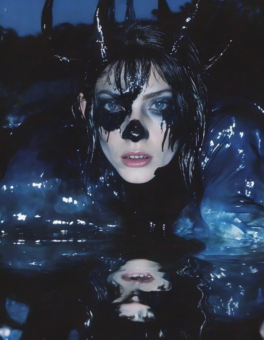 film photography, vintage, 90's vintage arthouse fashion shoot of female horror monster, blue dark background