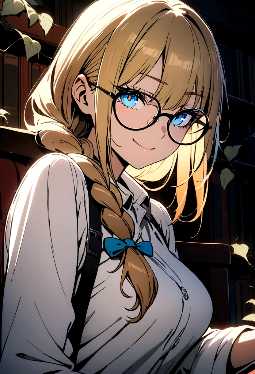 Solo, 1girl, masterpiece, best quality, extremly detailed, Cinematic lighting, intricate detail, highres, official art, finely detailed beautiful face and eyes, high resolution illustration, 8k, dark intense shadows, overexposure, [blonde hair/brown hair], single braid, blue eyes, glasses, smug, sitting on chair, upper body, large breasts, white shirts, yellow suspenders, book_stack, library, ((vine)), rose, looking at the viewer