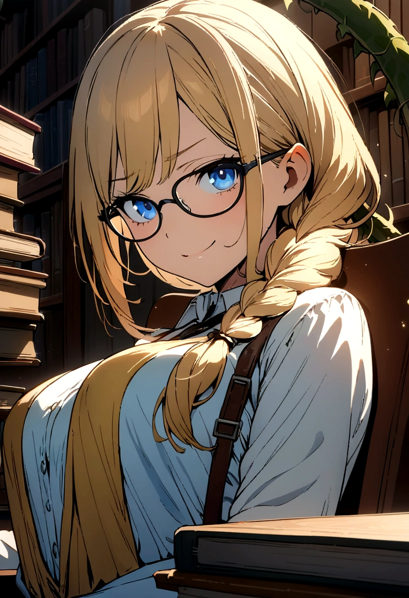 Solo, 1girl, masterpiece, best quality, extremly detailed, Cinematic lighting, intricate detail, highres, official art, finely detailed beautiful face and eyes, high resolution illustration, 8k, dark intense shadows, overexposure, [blonde hair/brown hair], single braid, blue eyes, glasses, smug, sitting on chair, upper body, large breasts, white shirts, yellow suspenders, book_stack, library, ((vine)), rose, looking at the viewer