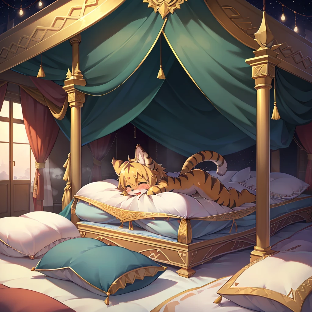 （masterpiece，best quality），my own, The Beast, , (适合任何Pillow背景的光影））, 穿着pajamas可爱女孩在Pillow上摆姿势 ，pajamas，Nature,, (blush),a smile，Pillow头,（很多Pillow），Soft cushion，（canopy bed），Soft pillow quotation，（Pillow损坏），很多Pillow，（Crotch rubbing），（（Pillow驼峰）），（Pillow），（A tail），，（粉色Pillow），（Love around the protagonist），Steam，（Pillow头），（），（豪华Pillow），（Pillow），（palace），（Palace bedroom），（Pillow），柔软的Pillow，，（Classical European style bedroom ），（excited，shy person，Lack of expressiveness，），，pillow humping,my,tiger tail,tiger ears,Tiger pattern，，Sweat，，Sweaty，Body swing，身体Shaking lines，Shaking lines，best quality, masterpiece, ((Maximum resolution)), artwork, ，,,(Interior of the palace),(In the bedroom at night),(Deluxe Rococo Canopy King Bed),On a big and spacious bed,(the 女孩 is lying on the bed),Before bedtime,,,Luxurious curtains with ornate ruffles and ribbons surround the bed,((((There are many pillows piled on the bed)))),Detail of Quilt,Detailed bed sheets,Ruffled Bed Skirt,Deep Bed,Background with depth,pajamas , ((((大量的Pillow))))，peeing，squatting，water,Urine,Shaking lines，wetting pillows,Flowing liquid，Violent body shaking，剧烈Shaking lines，详细的软Pillow,,（女孩正躺在许多柔软的Pillow上,周围有许多Pillow），(Pillow上有液体），Sweat，saliva，Splashing urine，Pillow上和床上有水迹,ArIn,Tongue