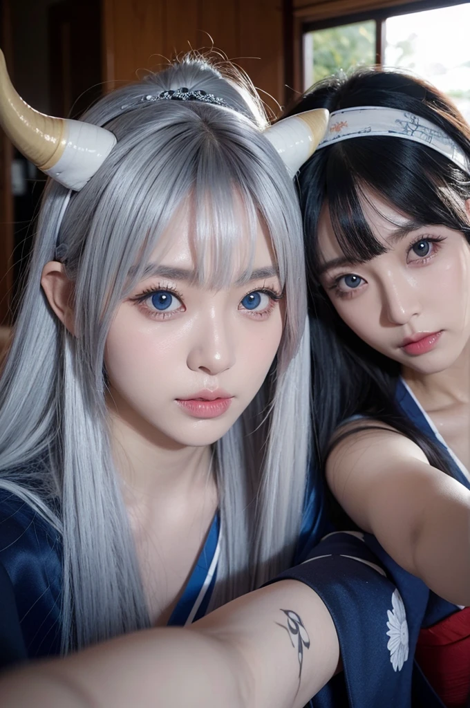 Two horns growing,30-year-old woman,Silver Hair,Asian,Korean style long hair,Headband,Long Bangs,Blue Eyes,Dark Skin,kimono,Selfie