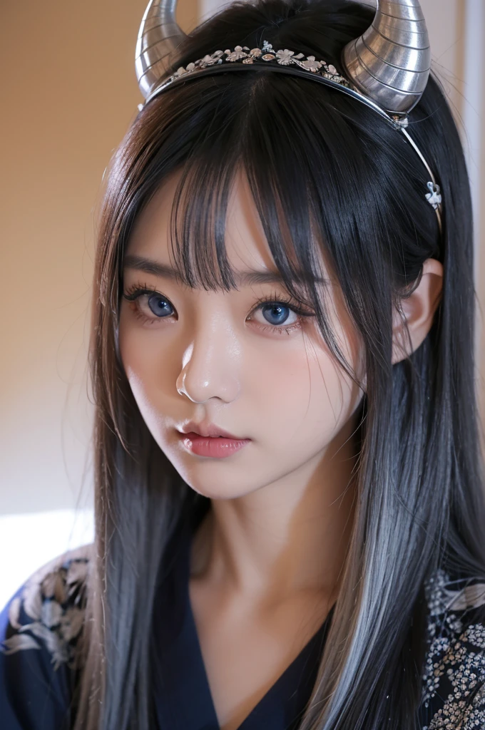 Two horns growing,30-year-old woman,Silver Hair,Asian,Korean style long hair,Headband,Long Bangs,Blue Eyes,Dark Skin,kimono,Selfie