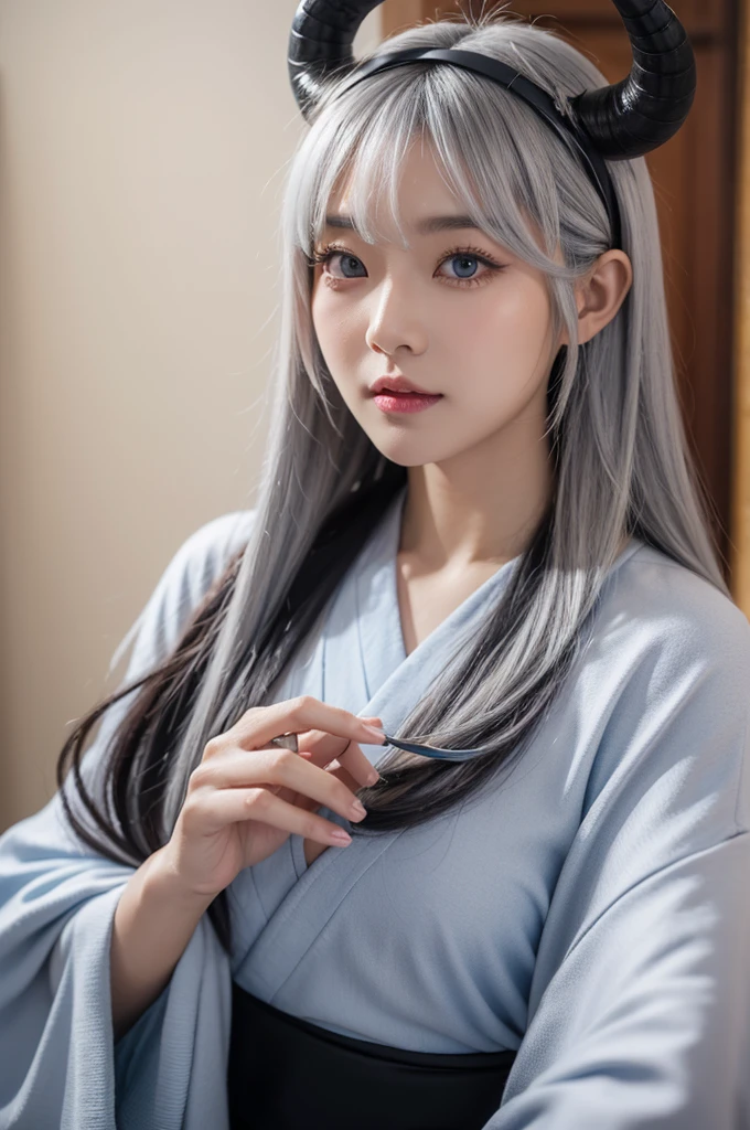 Two horns growing,30-year-old woman,Silver Hair,Asian,Korean style long hair,Headband,Long Bangs,Blue Eyes,Dark Skin,kimono,Selfie