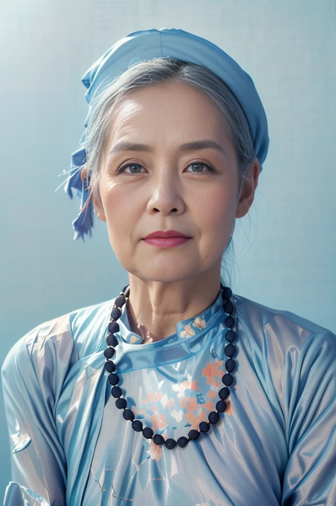 Highly realistic photo, ((masterpiece), (best quality), (raw photo), (photorealistic:1.4), Portrait of a 85 year old Vietnamese woman, wearing a brown traditional Vietnamese aodai and a black scarf on her head, ((gray hair)), ((light blue background:1.4)) , photo taken by Sony A7IV
