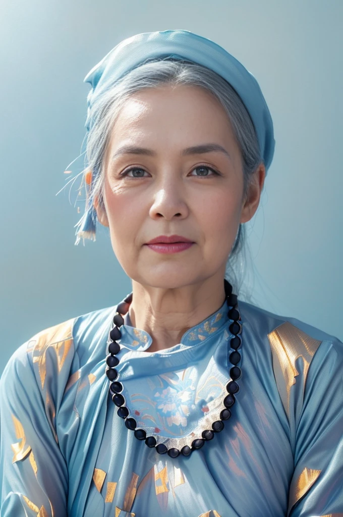 Highly realistic photo, ((masterpiece), (best quality), (raw photo), (photorealistic:1.4), Portrait of a 85 year old Vietnamese woman, wearing a brown traditional Vietnamese aodai and a black scarf on her head, ((gray hair)), ((light blue background:1.4)) , photo taken by Sony A7IV
