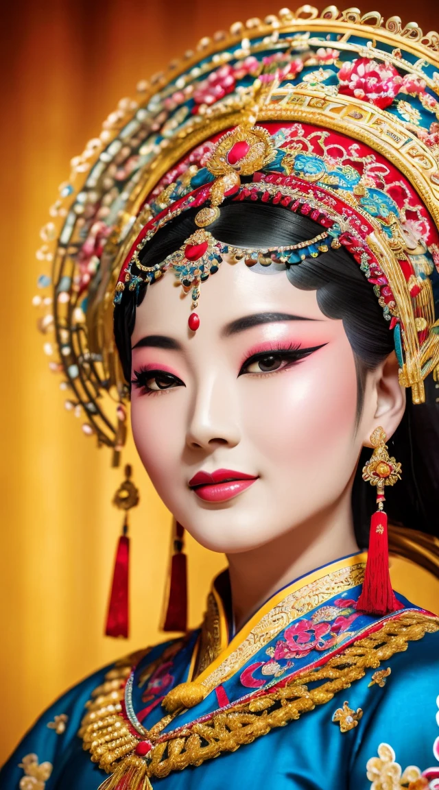 (high resolution, 4K, masterpiece:1.2),Extremely detailed,(Practical,photo-Practical:1.37),portrait,Traditional Chinese opera,Miss,close up,Exquisite makeup,Vibrant Outfits,captivatingexpression,Colorful headdress,Fine embroidery,Delicate facial features,Beautifully drawn eyes and lips,Exquisite traditional jewelry,Delicate brushstrokes,Impeccable lighting effects,Vibrant colors,A well-designed stage,With a magnificent backdrop,Attention to every detail,Artistic interpretation of the character&#39;s essence,Expressive facial expressions and gestures,perfectly captured essence of Traditional Chinese opera,Unparalleled artistic beauty,stunning visual spectacle,Classical elegance,Show the beauty of traditional Chinese culture,An exemplary blend of tradition and art