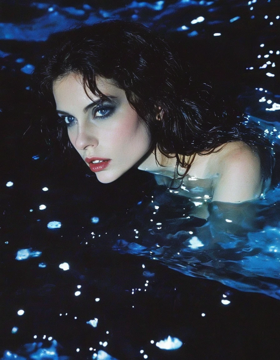 film photography, vintage, fashion photography of horror, close up photo of  blue eyes in black water at night,