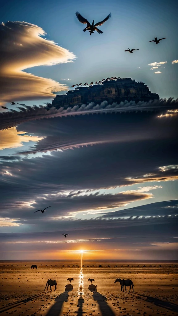 The dramatic atmosphere of a flock of ababil birds carrying small hot stones, which attacks the war troops riding elephants below. The background is a vast sky and a barren desert, creating an epic picture of an intense attack moment. Ultra-real, dramatic, high resolution, 8k resolution, intricate details