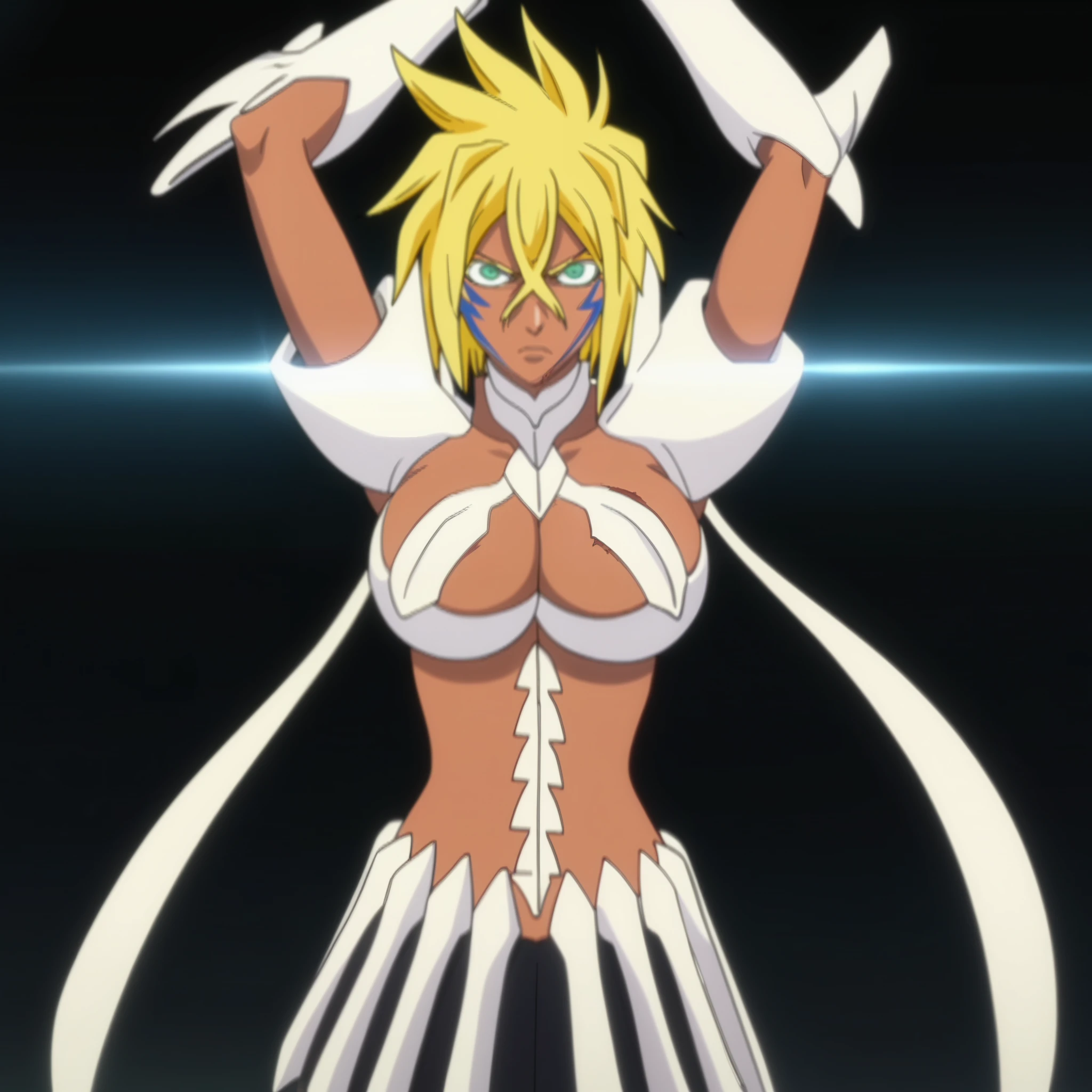 (source_anime, rating_explicit, score_9, score_8_up, score_7_up:1), Tia Harribel, dark skin, large breasts, arms up, black background, angry, looking at viewer, upper body, cleavage,