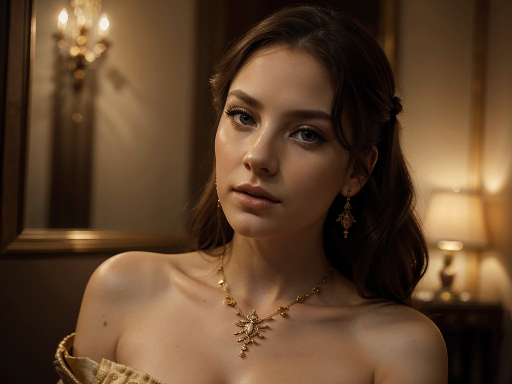 A chiaroscuro portrait of a woman, beautiful detailed eyes, beautiful detailed lips, extremely detailed eyes and face, long eyelashes, porcelain skin, elegant hairstyle, intricate jewelry, dramatic lighting, Renaissance style, dramatic shadows, warm golden tones, dramatic chiaroscuro lighting, ultra-detailed, 8k, photorealistic, masterpiece, cinematic, dramatic atmosphere, elegant and regal