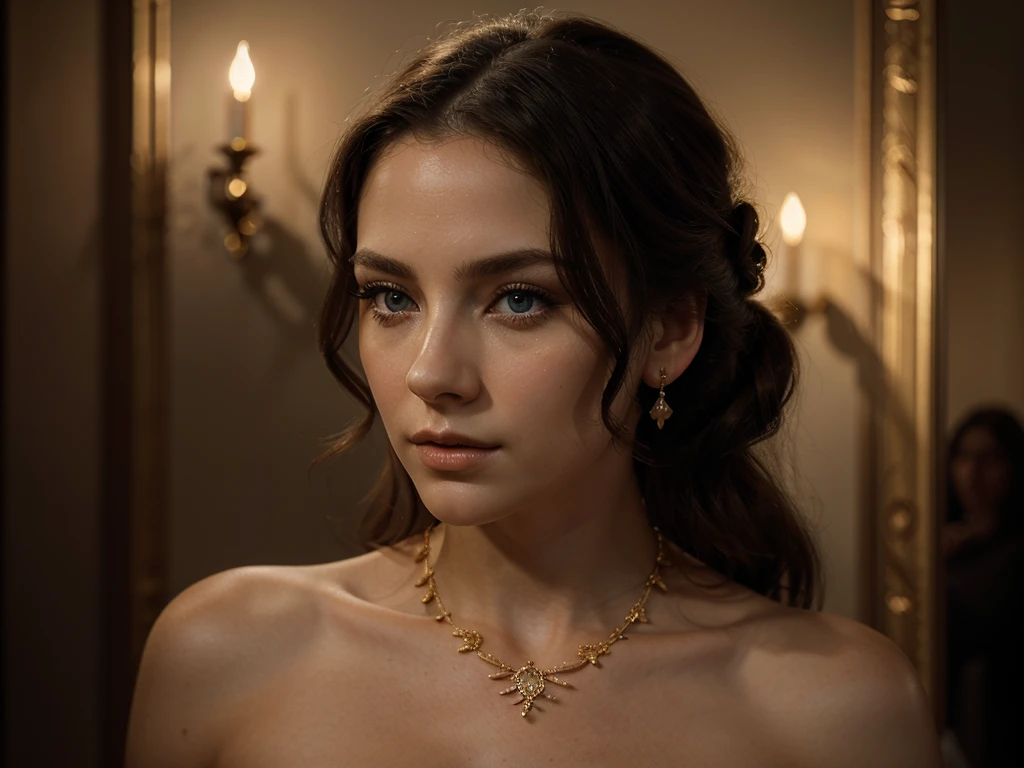A chiaroscuro portrait of a woman, beautiful detailed eyes, beautiful detailed lips, extremely detailed eyes and face, long eyelashes, porcelain skin, elegant hairstyle, intricate jewelry, dramatic lighting, Renaissance style, dramatic shadows, warm golden tones, dramatic chiaroscuro lighting, ultra-detailed, 8k, photorealistic, masterpiece, cinematic, dramatic atmosphere, elegant and regal