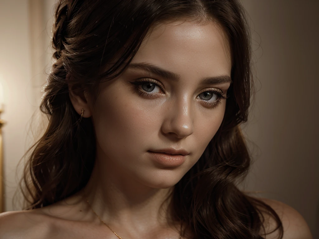A chiaroscuro portrait of a woman, beautiful detailed eyes, beautiful detailed lips, extremely detailed eyes and face, long eyelashes, porcelain skin, elegant hairstyle, intricate jewelry, dramatic lighting, Renaissance style, dramatic shadows, warm golden tones, dramatic chiaroscuro lighting, ultra-detailed, 8k, photorealistic, masterpiece, cinematic, dramatic atmosphere, elegant and regal