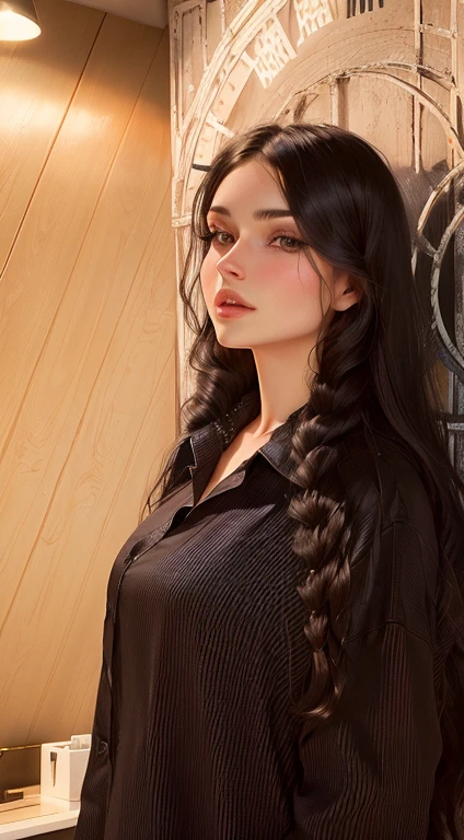 A lady is standing in front of a wall,There is a clock hanging on the wall, Alina Ivanchenko, Anastasia Ovchinnikova, Ekaterina, Moleksandra Shasliwa, Anna Nikonova, Women with long black hair, Yelena Belova, Victoria Gavrilenko, Sofia Emelianenko, Angelina Stroganova, Yulia Gorokhova