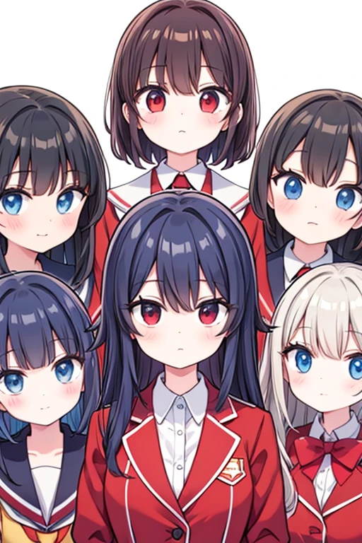 Group of {schoolgirls} from another {school}, red blazer