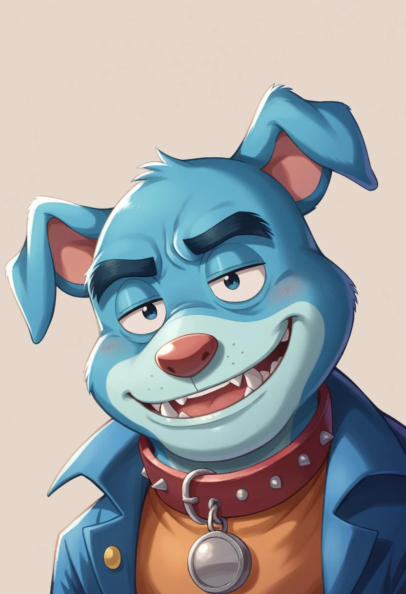 Blue Dog,Sleepy eyes,Spiny collar,2:2,Doraemon-like form,Bulldog,Ultra HD,4K,Delicate coat,Beautiful texture like Pixar,Disney-like characters,Dropped ears,Fangs protruding from the lower teeth,Blue Bulldog,whole body,2:2,もっとSleepy eyes,もっとDropped ears,More spikey collar,Red collar with silver spikes,More blue fur