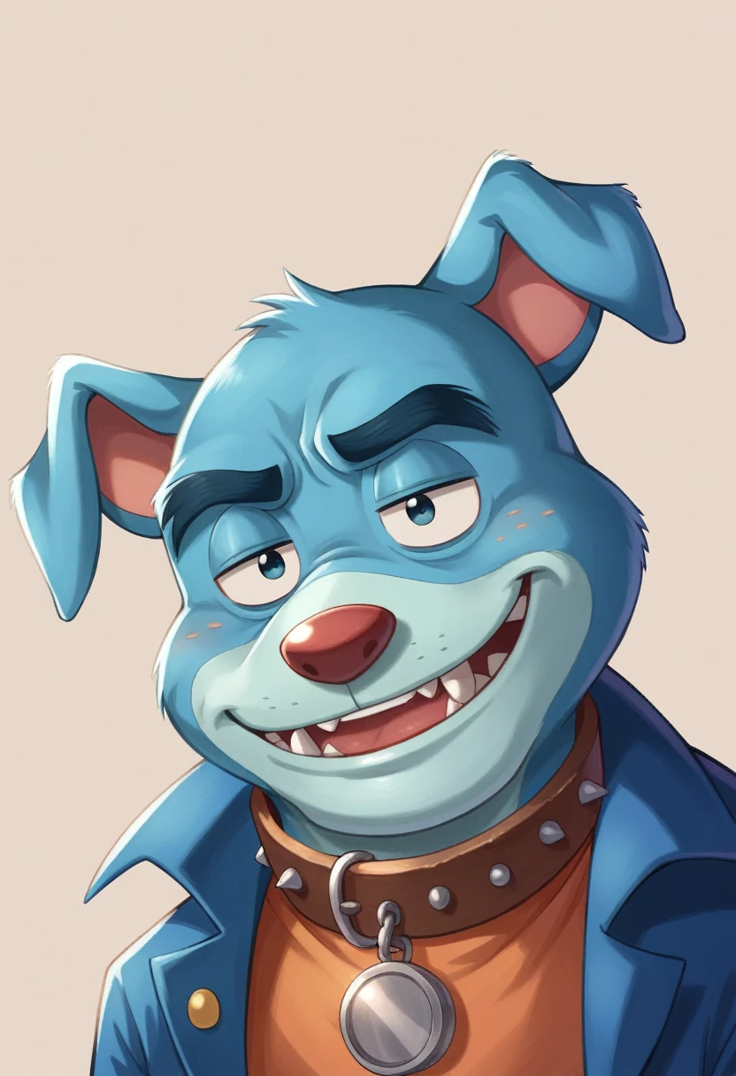 Blue Dog,Sleepy eyes,Spiny collar,2:2,Doraemon-like form,Bulldog,Ultra HD,4K,Delicate coat,Beautiful texture like Pixar,Disney-like characters,Dropped ears,Fangs protruding from the lower teeth,Blue Bulldog,whole body,2:2,もっとSleepy eyes,もっとDropped ears,More spikey collar,Red collar with silver spikes,More blue fur