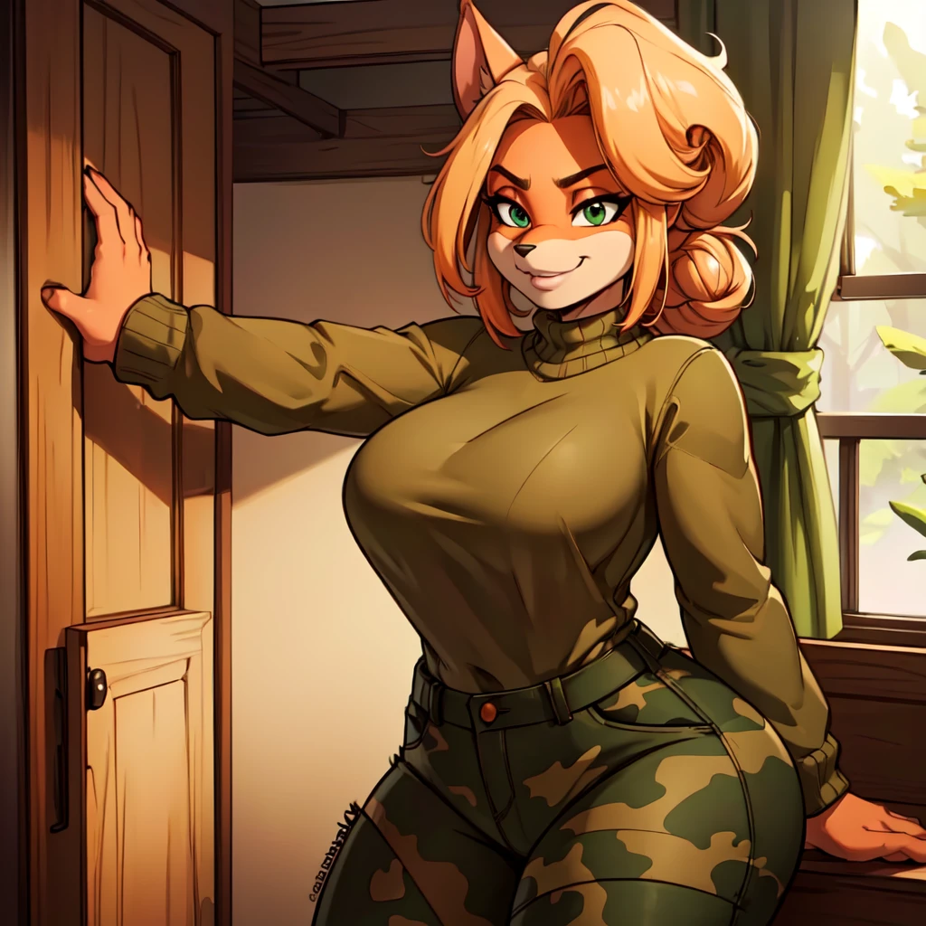 (Best quality,4K,8 k,A high resolution,masterpiece:1.2),ultra detailed,realistic:1.37,portrait,anthro bandicoot girl red, Braided hair, beautiful green eyes, sexual ,seductive, warm sweater, camouflage pants, grinning, , Anthro Girl , sweater, camouflage pants,